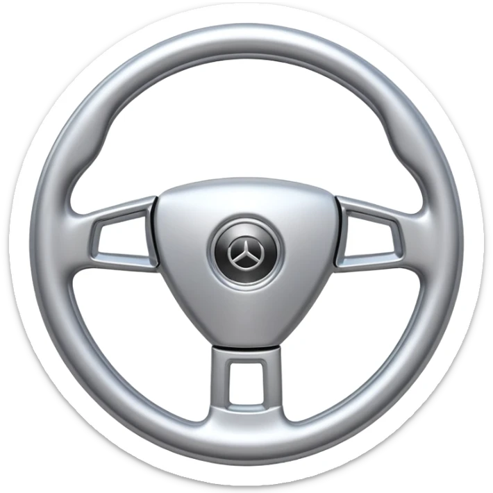 A futuristic steering wheel emoji made of silver chrome, minimal geometric design, smooth metallic surface, soft reflections, iOS emoji style, centered, clean white background sticker