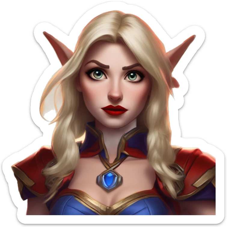 Warcraft award winning Quinn in Marvel Avengers style, oil paint, mysterious eyes, intricate lips, masterpiece pose, odd perspective, beautiful, desirable, logical sticker