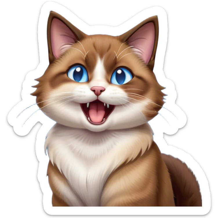 Cinematic Cute Yawning Brown Mantle Snowshoe Cat Portrait Emoji, Head tilted slightly with a dramatic, wide-open yawn, smooth brown fur draping elegantly over its back with contrasting white paws, chest, and facial markings, piercing icy-blue eyes that are barely open, Simplified yet irresistibly adorable features, highly detailed, glowing with a soft, cozy glow, high shine, relaxed yet expressive, stylized with a touch of whimsy, bright and endearing, soft glowing outline, capturing the essence of a sleepy yet affectionate kitty, so drowsy it feels like it could stretch right out of the screen and curl up for a nap! sticker