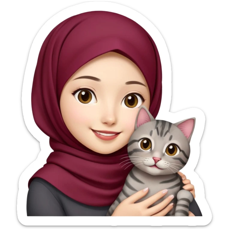 Asian White girl wearing cute maroon hijab holding a black grey tabby cat while smiling.  sticker