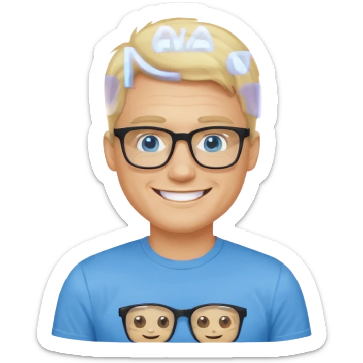 portrait of adult man no old man, wearing a t-shirt, square glasses, grinning face, blond hair sticker