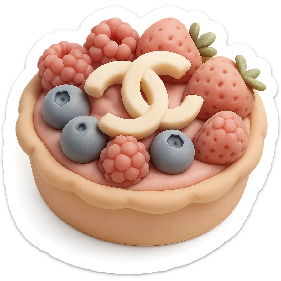 pastel Chanel tart with berries and a white chocolate logo, fondant cake art style sticker