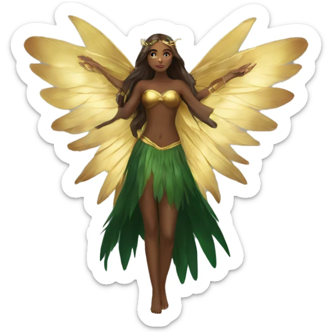 big wings, Beautiful, fairy, gold, brown, dark green, green, long hair sticker