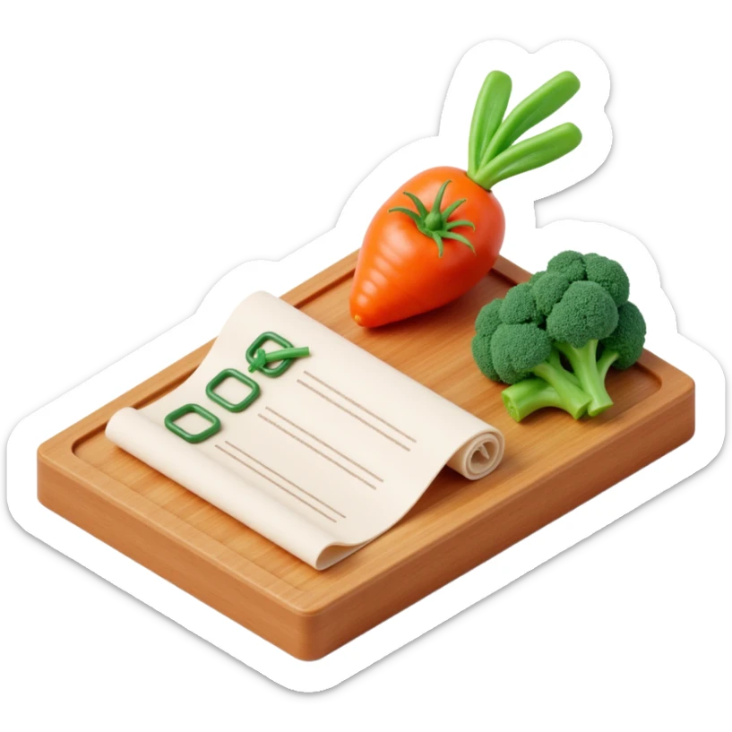 carrot tomato brocoli on the wooden cutting board with floating rolled paper list with green checkboxes sticker