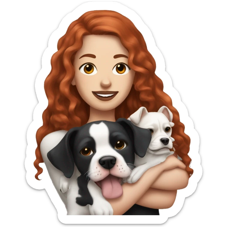 Long Red haired woman with septum piercing holding black and white English Staffordshire dog sticker