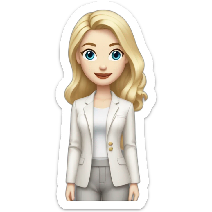 pale skin woman with blonde straight line Hair to shoulders, blue eyes, White classical jacket, Gray Palazzo pants holding a color palette in the hands sticker