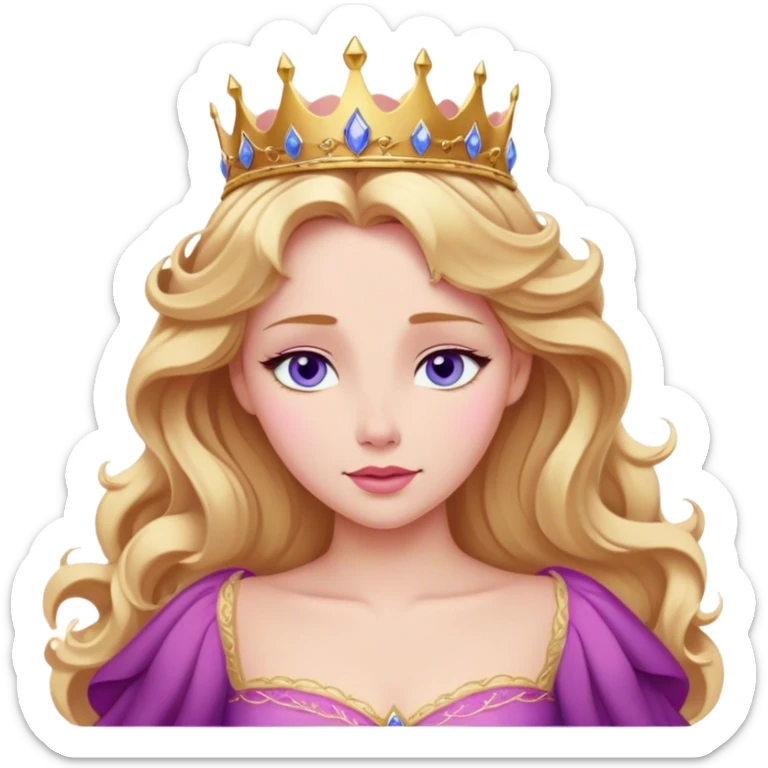 Cinematic Realistic Sleeping Beauty (Aurora) Portrait, with porcelain-like skin featuring a natural rosy flush, illuminated by soft lighting that highlights the gentle contours of her face. Her golden blonde hair flows in soft, detailed waves with subtle highlights that shimmer in the light. Her deep violet-blue eyes radiate warmth and innocence, framed by arched brows and long lashes. Her serene expression exudes quiet elegance. She is dressed in her classic pink gown, the fabric rich in texture with delicate folds that catch the light. A golden crown rests atop her head, gleaming with royal refinement. The portrait captures a soft, glowing aura, blending realism with an ethereal sense of beauty and timeless enchantment. sticker