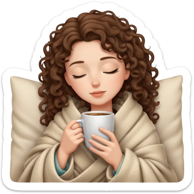 White girl with curly brunette hair wrapped in a cozy blanket sipping coffee with eyes closed peacefully sticker