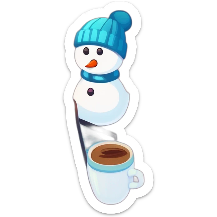 cute female snowman with a laptop holding a coffee mug and wearing a beanie sticker