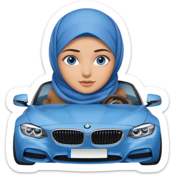 Turkish beautiful finish Konya girl blue eyes with denim hijab dress and driving bmw car sticker