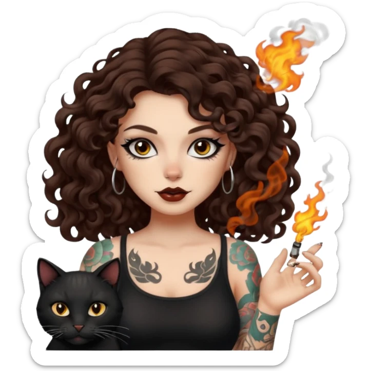 woman with long curly brown hair, brown eyes, white skin, tattoos, black cat turning into smoke and back sticker