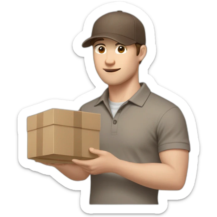 Pale skinned fit Man with dark brown hair in a beige cap, gray jeans and brown polo T-shirt keeping a pasted with tape white box into his hands sticker