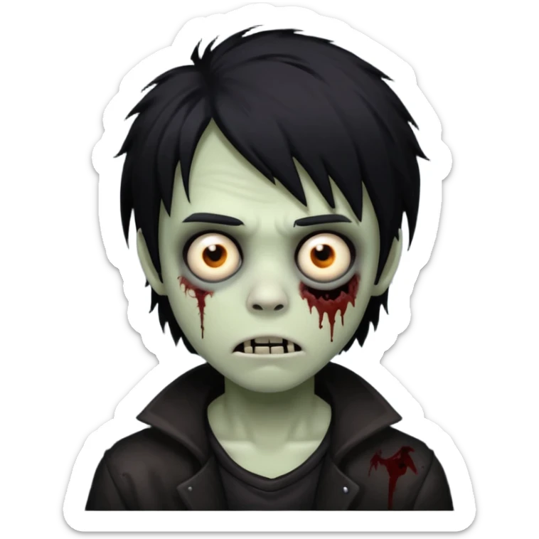 boy zombie with black medium-long emo shaggy hair, dark and spooky, creepy expression sticker