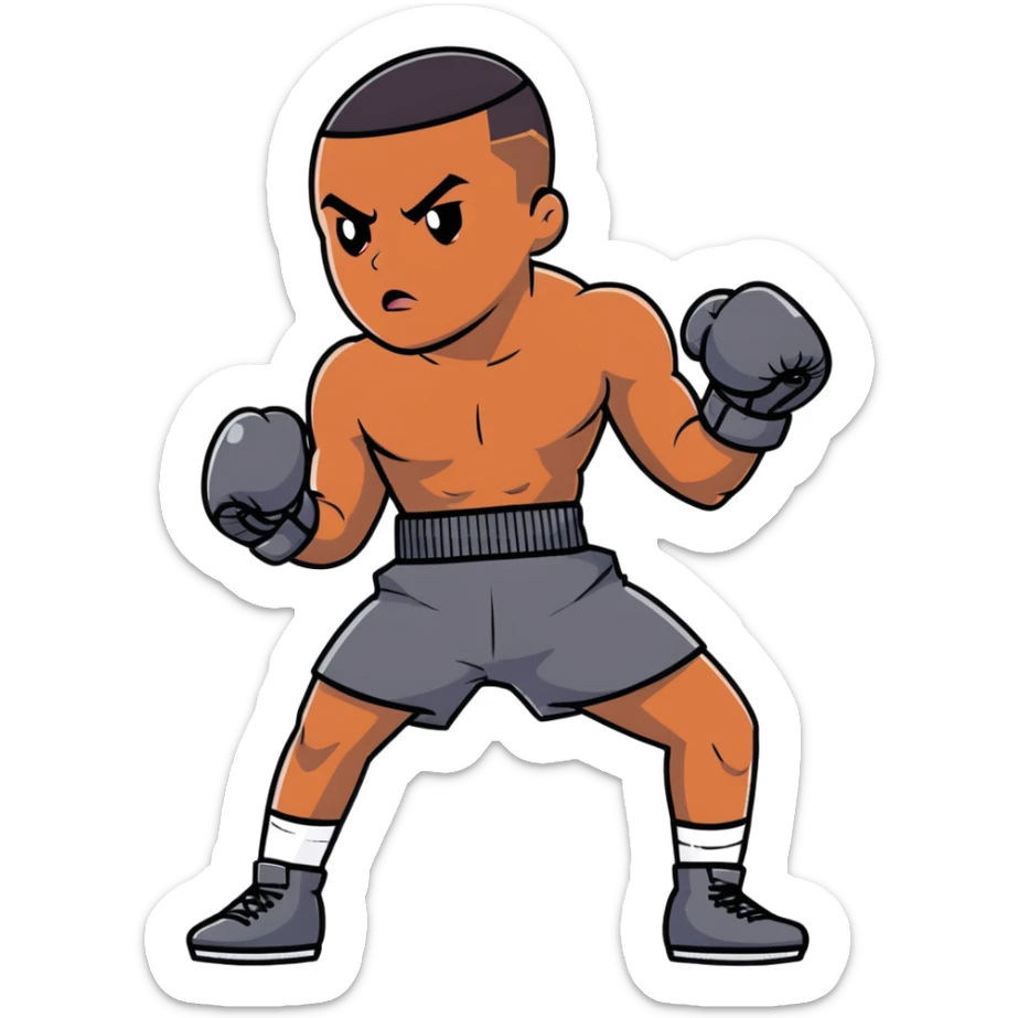 Full body view of a young 19-year-old lightweight Black male boxer in fighting stance, lean athletic physique, boxing gloves raised sticker