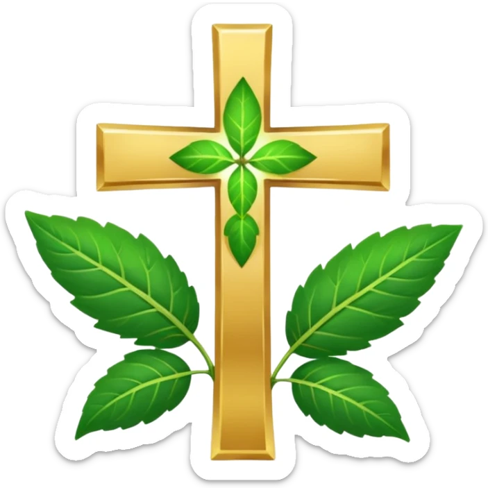 "A clean, friendly emoji of three vibrant green Tulsi (Holy Basil) leaves centered over a small, glowing golden cross or 'plus' sign, symbolizing healing. Simple, flat, 32x32 pixel icon style. Transparent background. Icon for natural healing and wellness." sticker