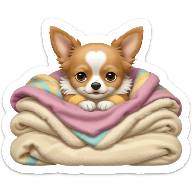 Long haired chihuahua, beige, no white on head, with white chest and white socks, sleeping cutely under blanket sticker