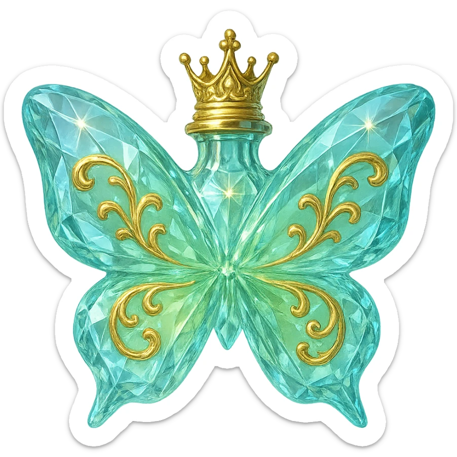 Make the neck of the crystal butterfly-shaped bottle smaller and shorter for a subtle look. Add a small, elegant princess crown as the stopper on top. Keep the bottle crystal clear with golden details, predominantly light green (#c0ff53) and blue colors. The background should be transparent with a beautifully blended bottom and the bottle appearing to float in the air. The design should be bright, fantasy style, without any base or shadow. sticker