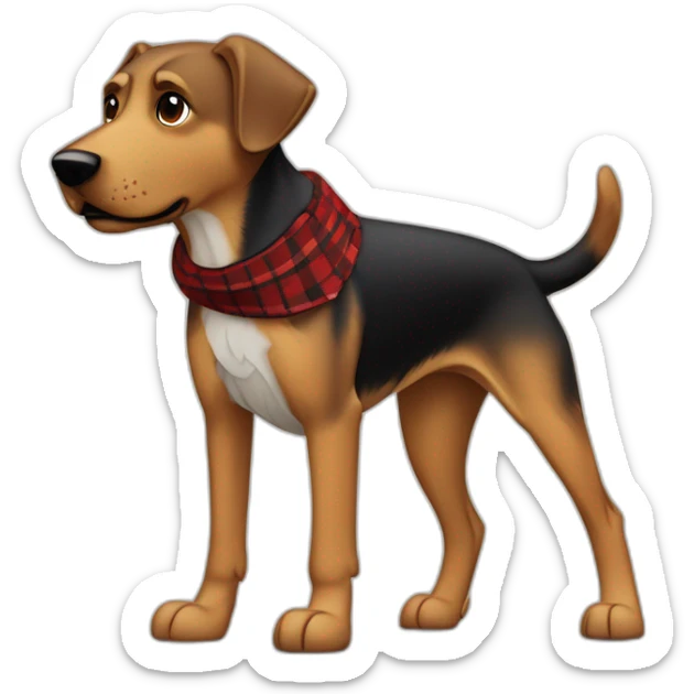 adult 75% Coonhound 25% German Shepherd mix dog with visible tail wearing small pointed red buffalo plaid bandana full body walking left quickly sticker