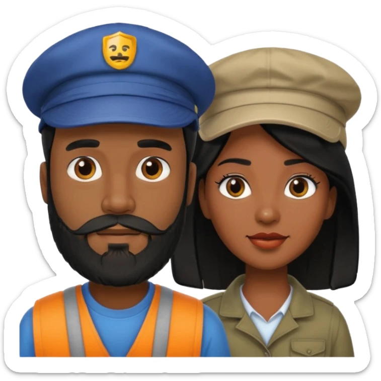 Couple emoji -WHITE with man with beardwith cap on and BLACK FEMALEwith mid length black sticker