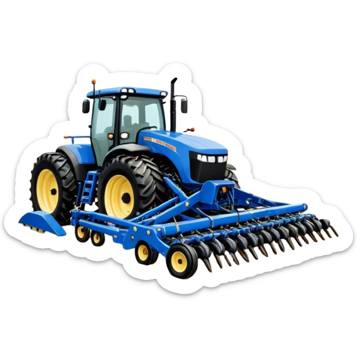 Bourgault 3420 Paralink Hoe Drill (2022) – Cinematic-realistic Bourgault 3420 Paralink Hoe Drill, its massive blue frame stretching across the vast fields. The powerful machine plants seeds with pinpoint accuracy as the sun rises over the horizon, golden dust swirling in the crisp morning air. sticker