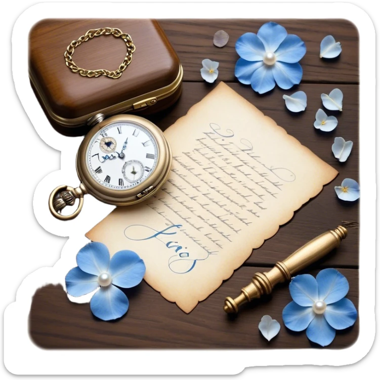 An elegant still life of a vintage pocket watch with an engraved case, lying next to a faded love letter sealed with a pearl wax stamp, surrounded by delicate white and blue floral petals.
 sticker