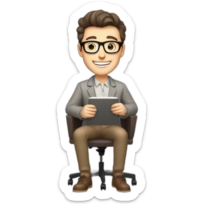 Joyful Celebrating victory Pale skinned Fit Man With dark brown hair in gray jacket, beige office shirt, Brown pants and vintage glasses sitting In a soft chair with a notebook and a pen sticker