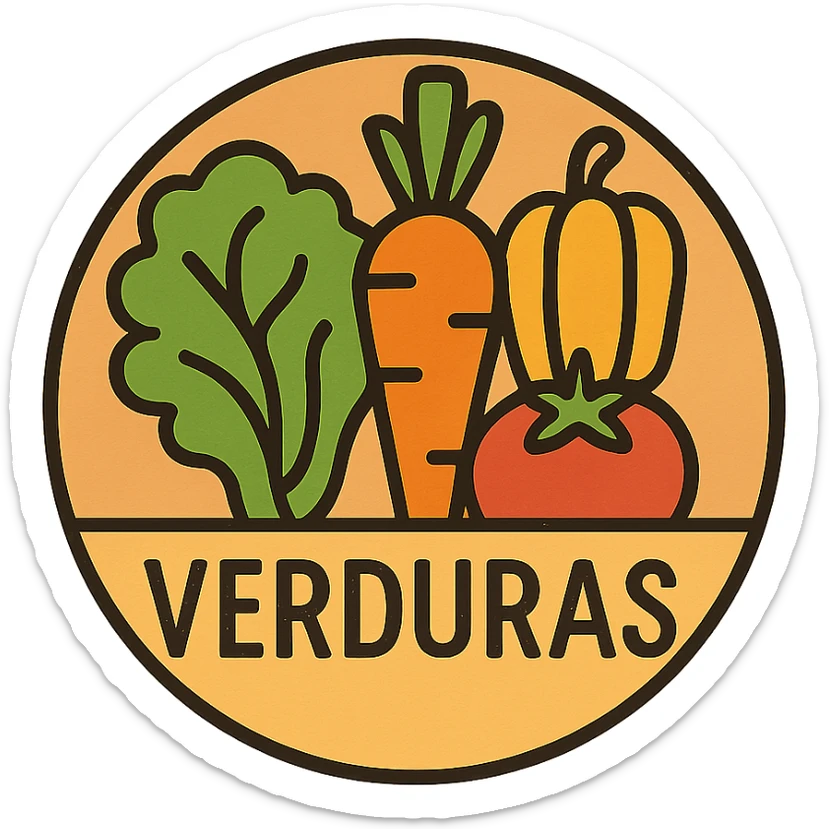the word VERDURAS in a circular badge design with assorted vegetable motifs and earthy tones, produce label sticker