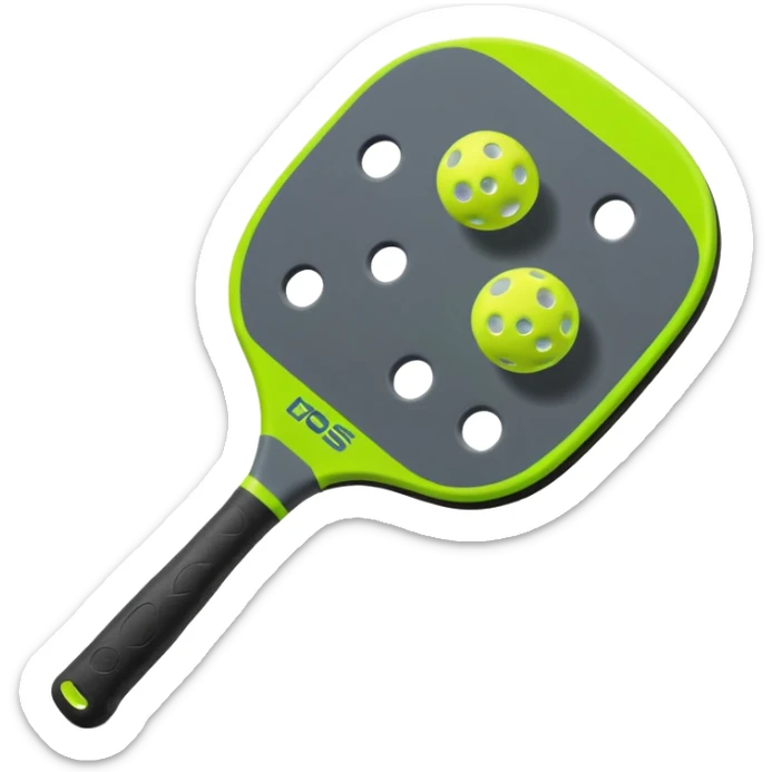 Pickleball paddle in dark grey, with pickleball ball in florescent green at 45 degrees sticker