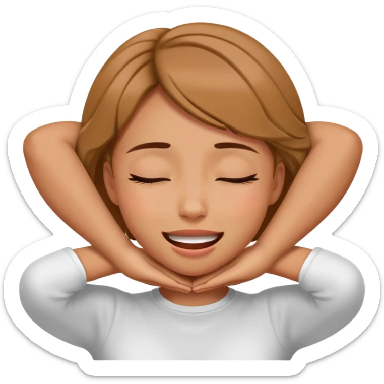 A girl with their hands around their neck choking themselves with their eyes closed and an upside down smile sticker