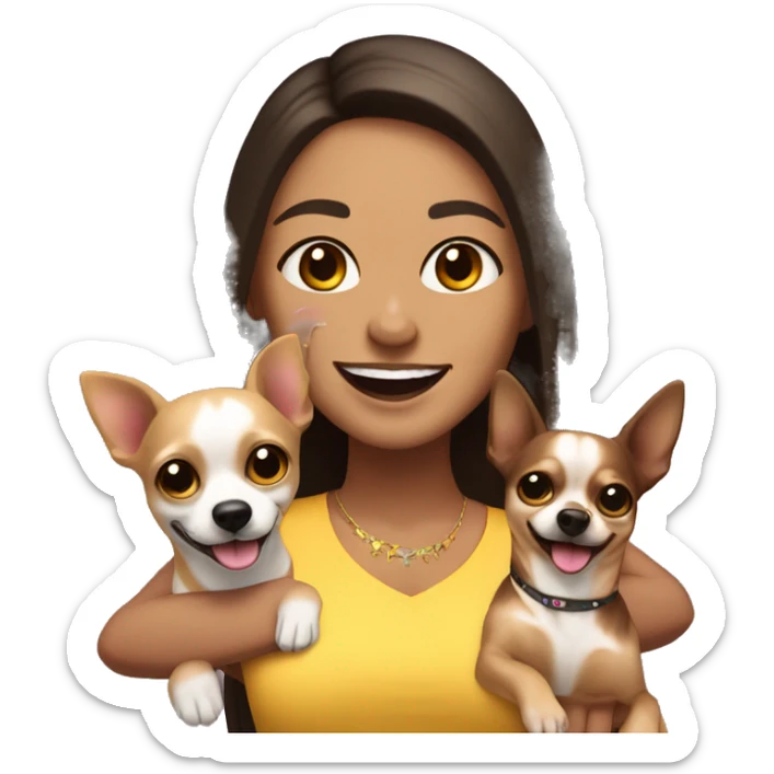 light skin rave woman with long dark brown hair expressing joy alongside a light brown chihuahua sticker