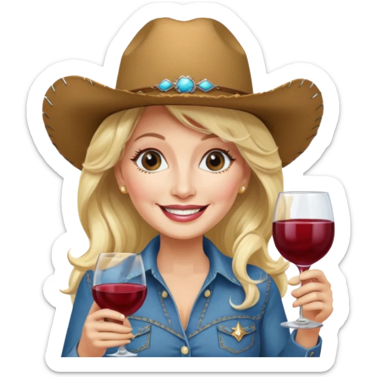 Dolly Parton with a huge glass of wine on a bachelorette trip and a cowboy hat sticker