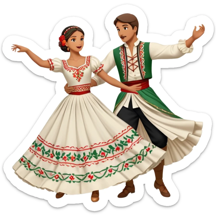 cinematic-realistic-scene-of-two-male and female dancers-performing-the-tarantella,-dressed-in-flowing-traditional-italian costumes-with-detailed-embroidery-and-dynamic-skirts,-captured-in-festive-motion-with-warm,-lively-lighting sticker
