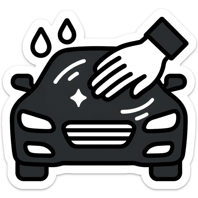elegant hand with white or black glove on the hood of a high-end car, water drops or shine, main color black with silver or white details, smooth motion lines suggesting cleaning, modern and clean icon sticker