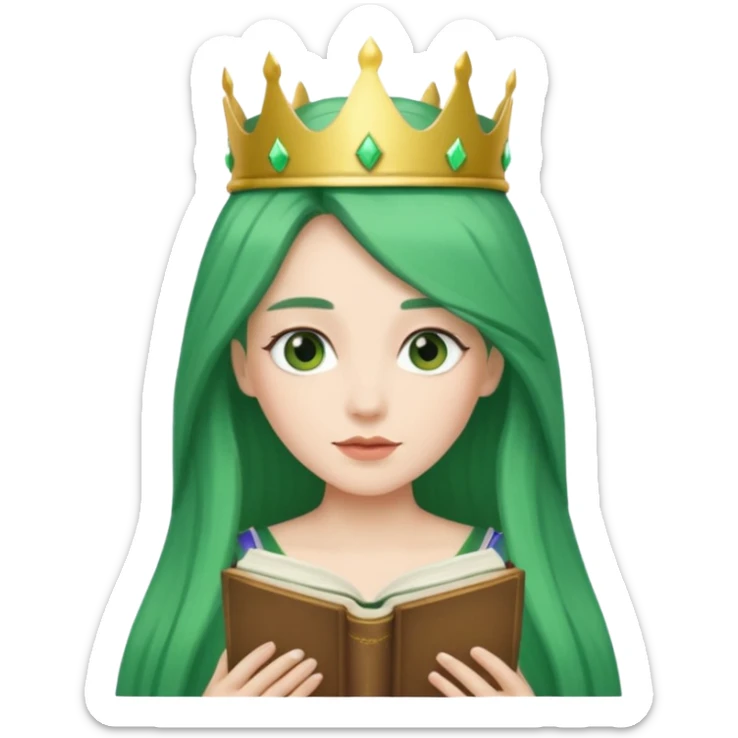 Long Hair Women with green Book, White straight hair, crown

 sticker