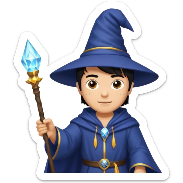 mach mir einen fitness typen in einem zauberer outfit mit schwarzen harren und ein leuchtendem zauberstab sticker