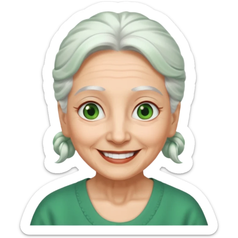 abuela con ojos verdes, pelo blanco, pelo blanco y amarrado, aspecto feliz, pelo blanco, no verde, solo verde los ojos sticker