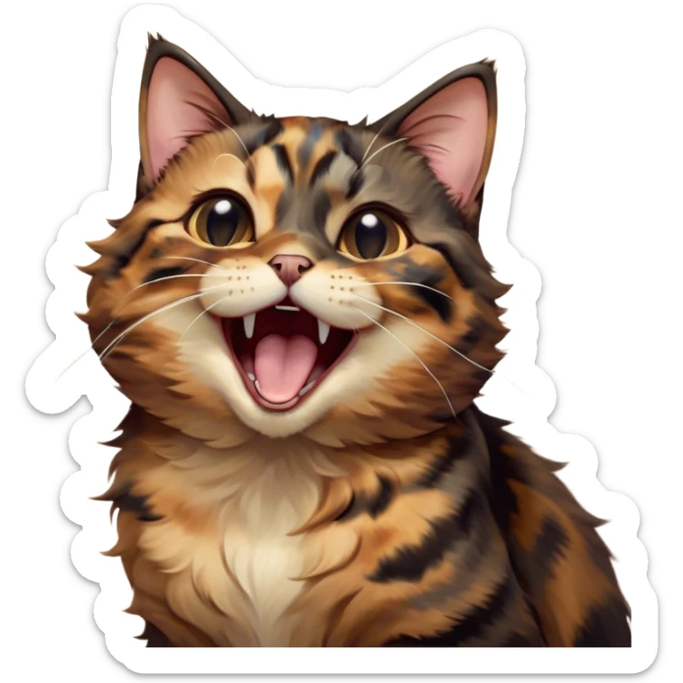 Cinematic Cute Yawning Tortoiseshell Cat Portrait Emoji, Head slightly tilted with a wide, adorable yawn and half-closed, dreamy eyes, featuring a warm, mottled fur of rich browns and blacks, simplified yet irresistibly cute, highly detailed, glowing with a soft, slumbering radiance, high shine, exuding a relaxed, drowsy charm, styled with a gentle, soft glowing outline, capturing the essence of a tortoiseshell cat in a precious moment of sleepy delight! sticker