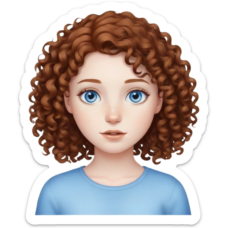 girl, curly brown hair, blue eyes, pale skin, freckles sticker