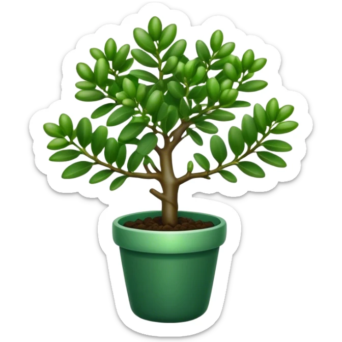 Cinematic Realistic Jade Plant Emoji, Thick and glossy, with dark green, round leaves that shine under the light. The sturdy stems and vibrant foliage give a sense of prosperity and tranquility. Soft glowing outline, capturing the essence of good luck, growth, and natural elegance in a flourishing jade plant! sticker