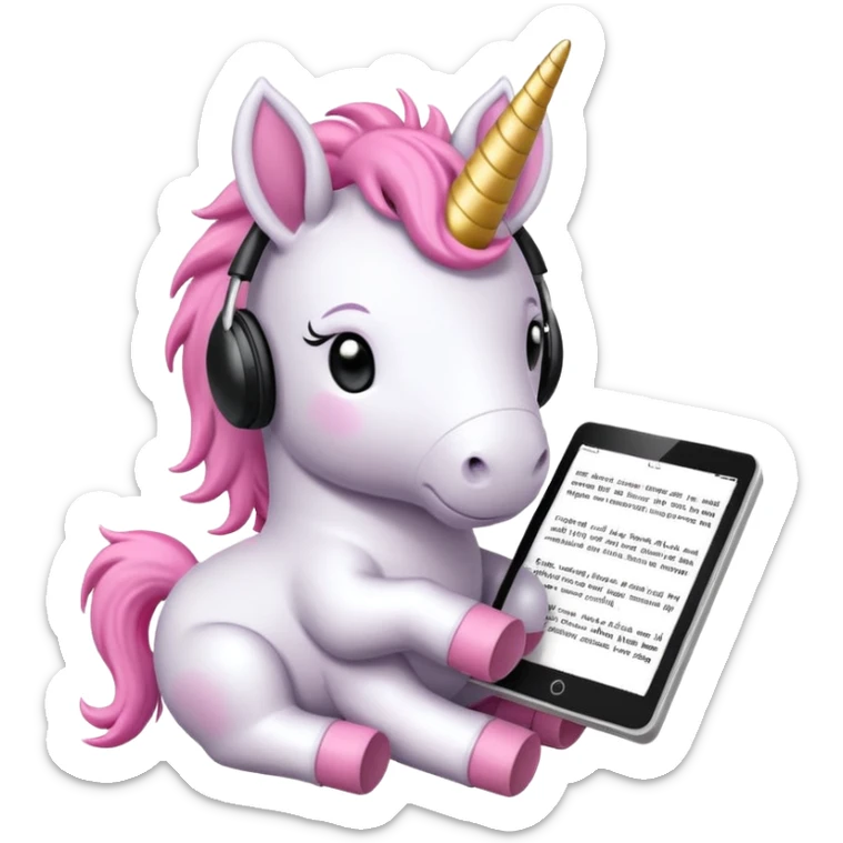 Emoji WhatsApp di un unicorno di peluche bianco con corno rosa, cuffie nere e e-reader. Stile vettoriale pulito, forme arrotondate, colori morbidi, espressione dolce, sfondo trasparente. sticker