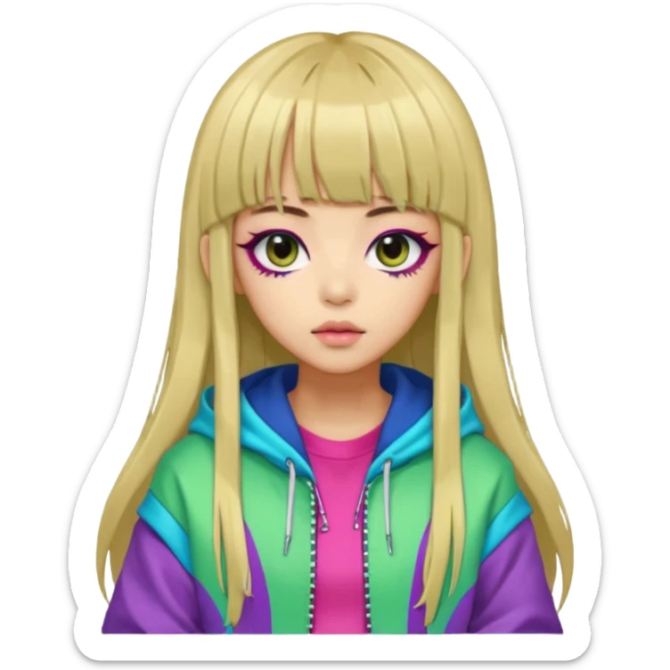  portrait-of-a-alien-k-pop-idol,-wearing-a-stylish-streetwear-outfit-with-layered-colorful-clothing,-long-hair-with-bangs,-makeup,- sticker