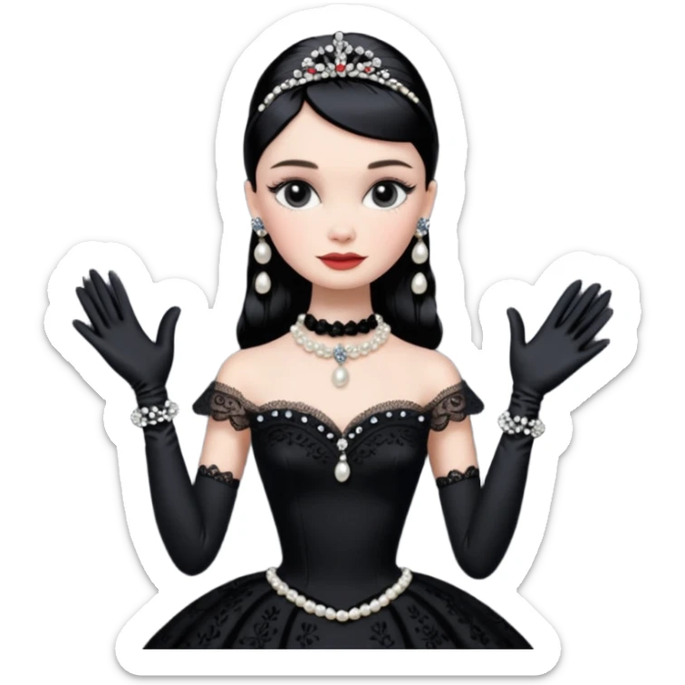Audrey Hepburn as Sabrina Barbie.Wednesday Addams. Show full body wearing Embroidered long black gown jewelry gloves pearl earrings  sticker