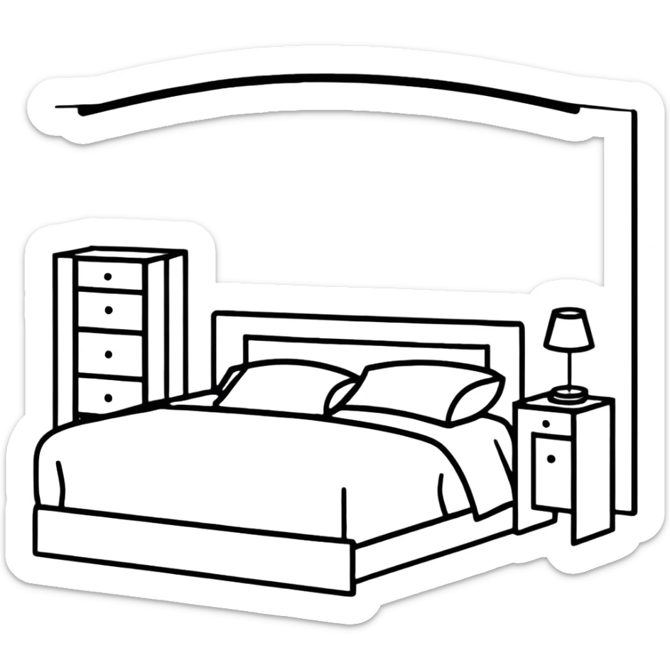 clean bedroom with white walls, bed, nightstand and dresser sticker