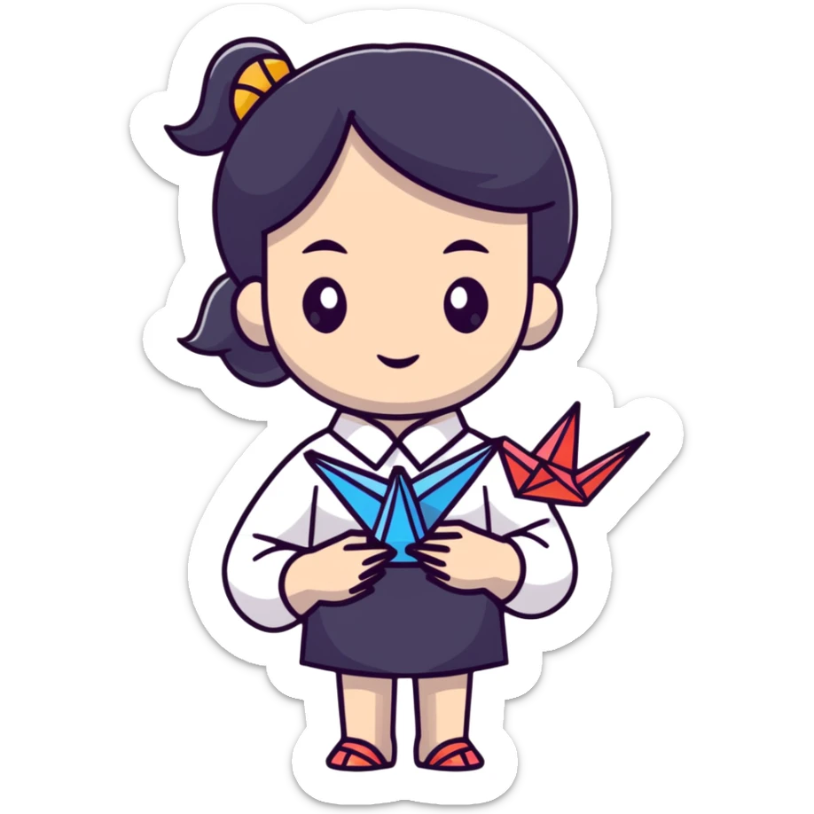 Ukrainian young girl in a white embroidered traditional shirt (vyshyvanka) holding origami paper crane sticker