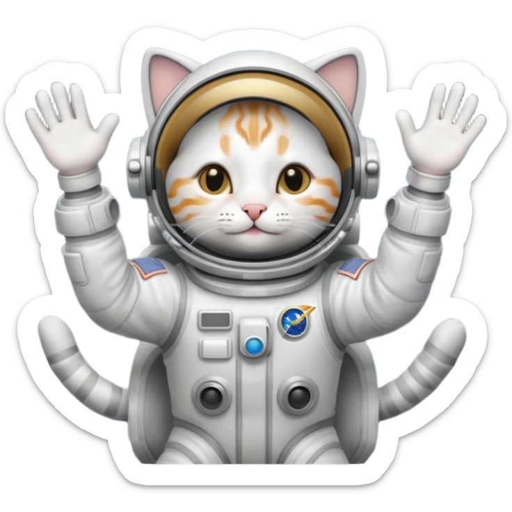 astronaut cat emoji, highly detailed, looks too good, fond of space and astronomy, wearing a space suit, floating among stars, expressive and charming, waving hello sticker