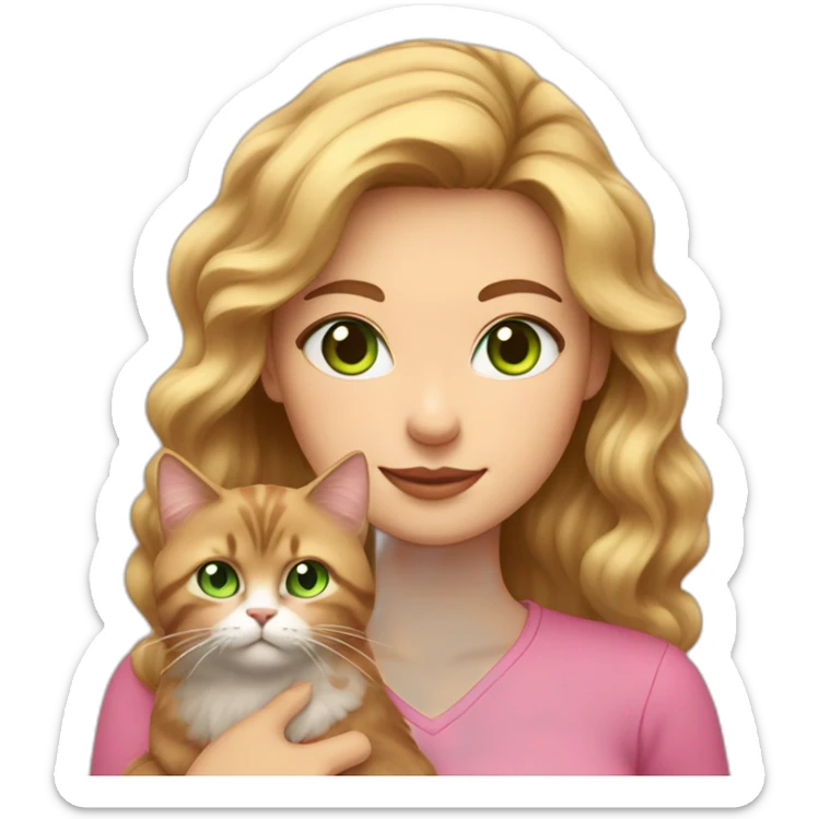 woman with green eyes and long wavy blonde hair in a pink shirt is holding a very fluffy and fat brown cat sticker