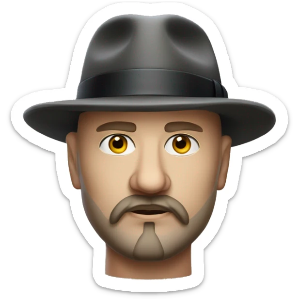 Photorealistic, realism, serious man A plump bald man of Slavic appearance with a goatee beard and mustache, wearing a fedora hat XX century sticker