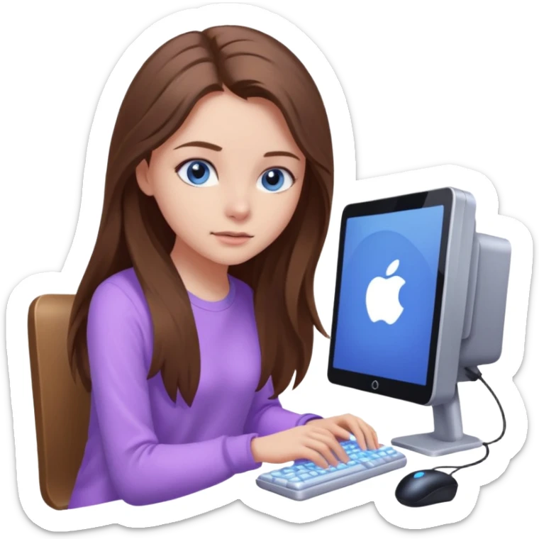 beautiful girl with long brown hair, blue eyes and wearing light purple clothes playing computer games sticker
