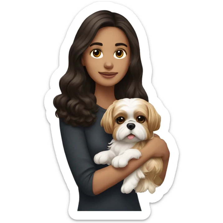 Young dark brunette medium kin hair woman with a golden shih tzu in her arms long wavy hair sticker