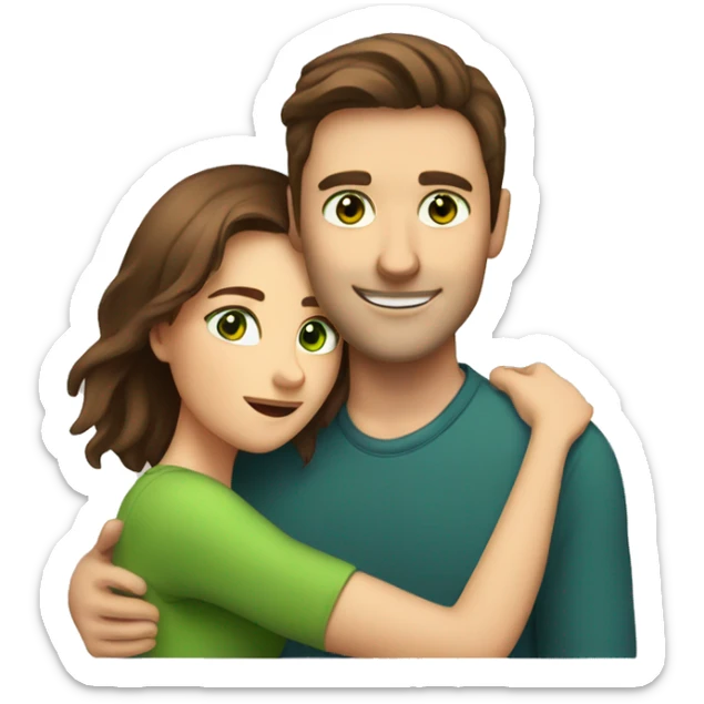 Man with brown hair and green eyes  hugs woman with brown hair and brown eyes sticker